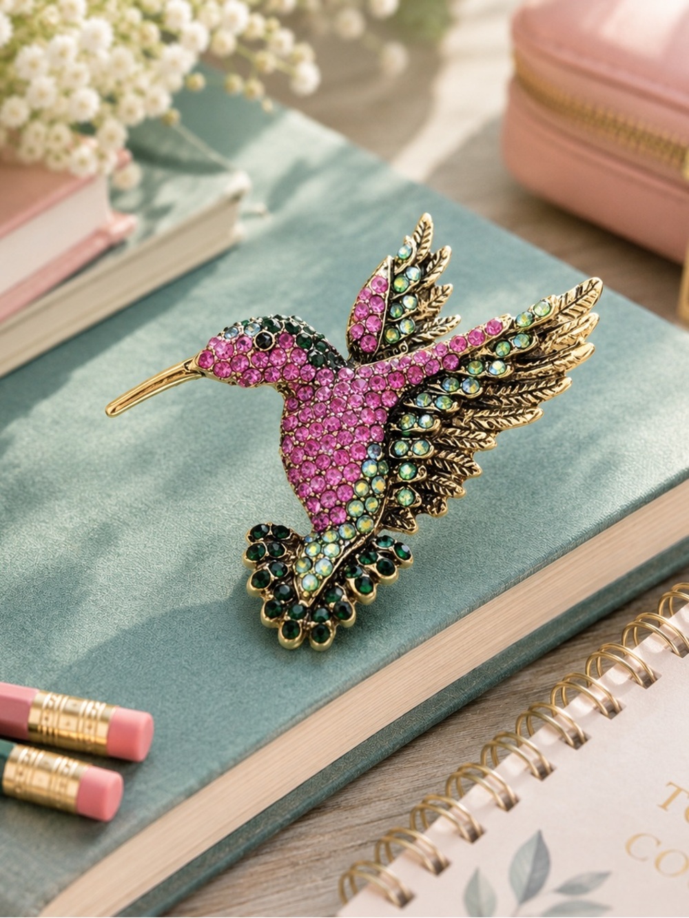 Pink Hummingbird Rhinestone Brooch Pin Necklace Pendant Gold Tone (Version B)